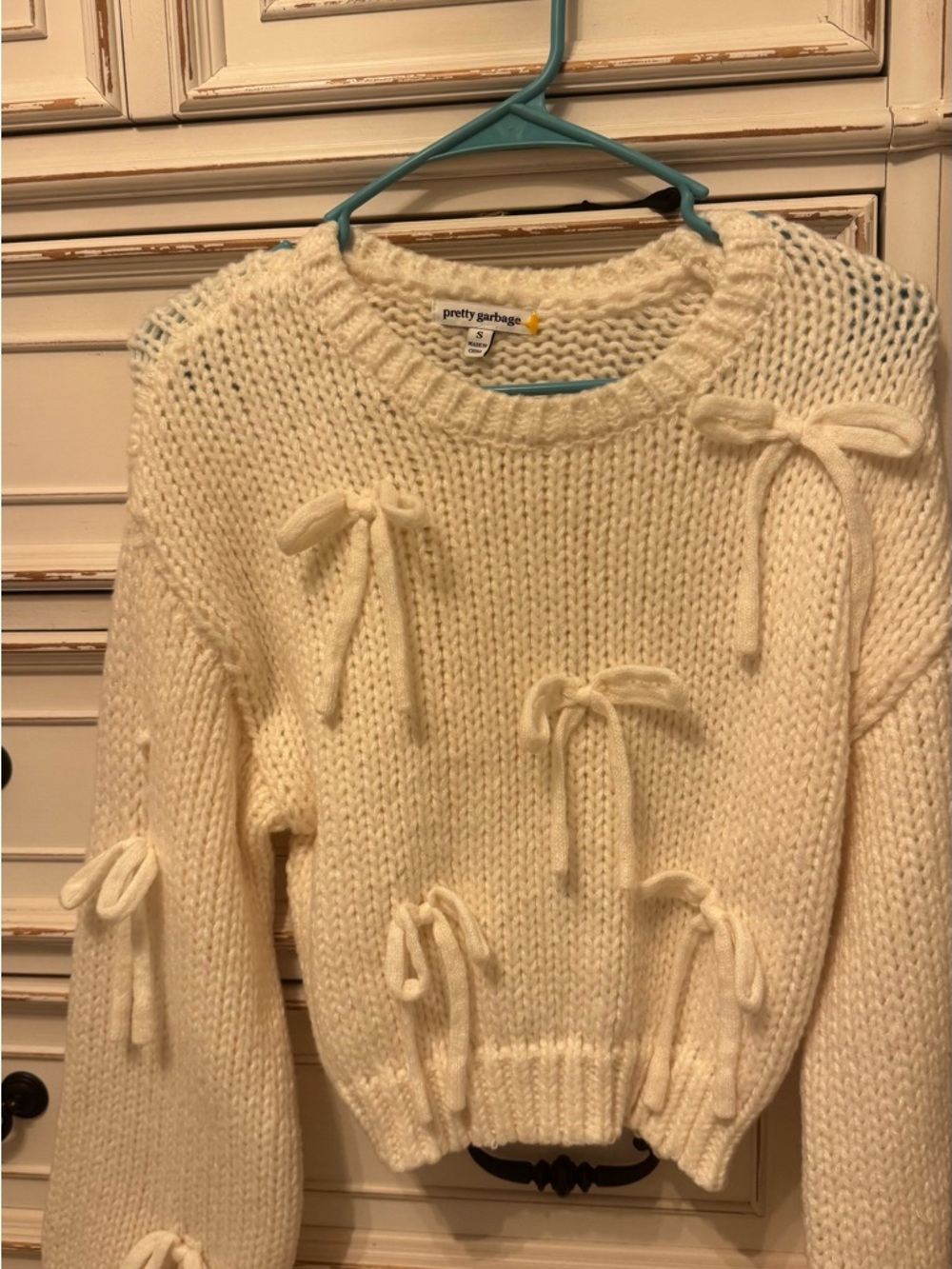 Pretty Garbage Cream Bow-Accent Crewneck Sweater